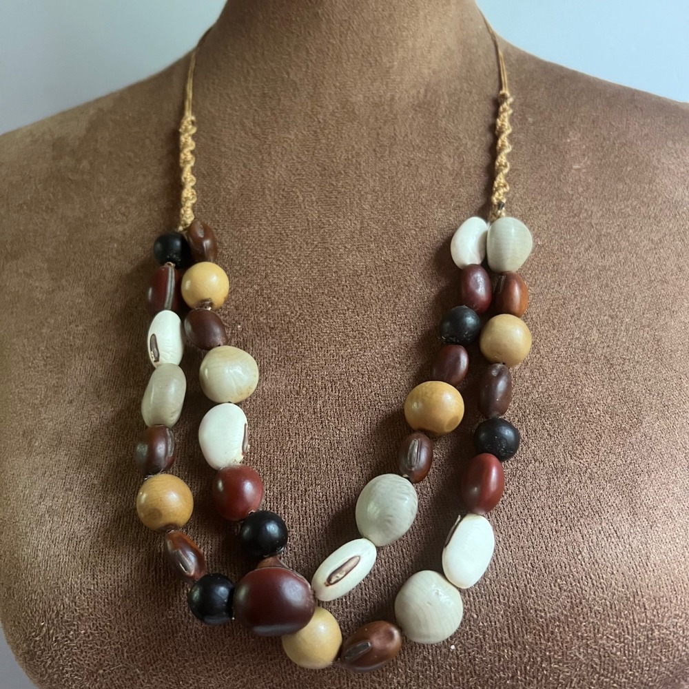 Vintage Natural Seed and Wood Bead Double Strand Cord Necklace 26 Inch Earthcore